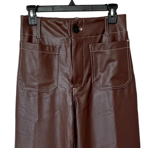 Anthropologie Maeve Colette Cropped Wide Leg Pants Faux Leather Top Stitch 27